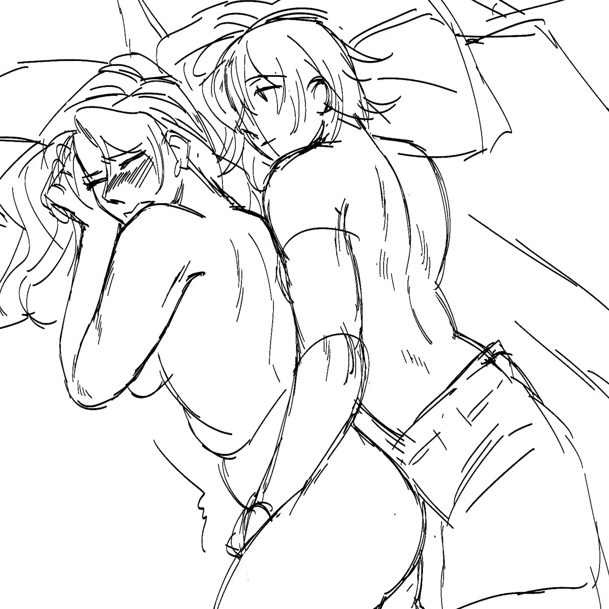 A sketch of two people laying side by side, as one reaches between the other's thighs.